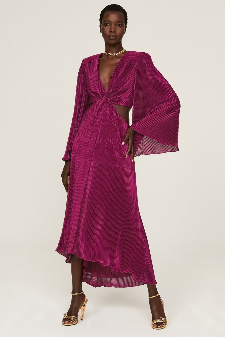 RAMY BROOK Kimberly Purple Metallic Accordion Pleat Corded Waist Cutout Dress M